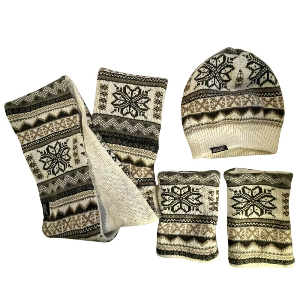 Muk Luks Acrylic Knit Winter Set - Scarf Beanie & Mittens Nordic Snowflake Patte